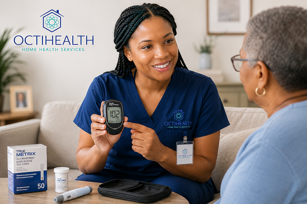 OCTIHEALTH nurse demonstrates a TRUE METRIX glucose meter to a patient during a home diabetes care visit.