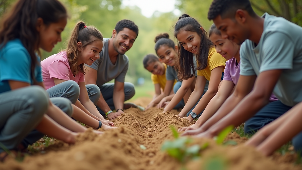 Eye-level view of a diverse group of people engaging in a community service project
