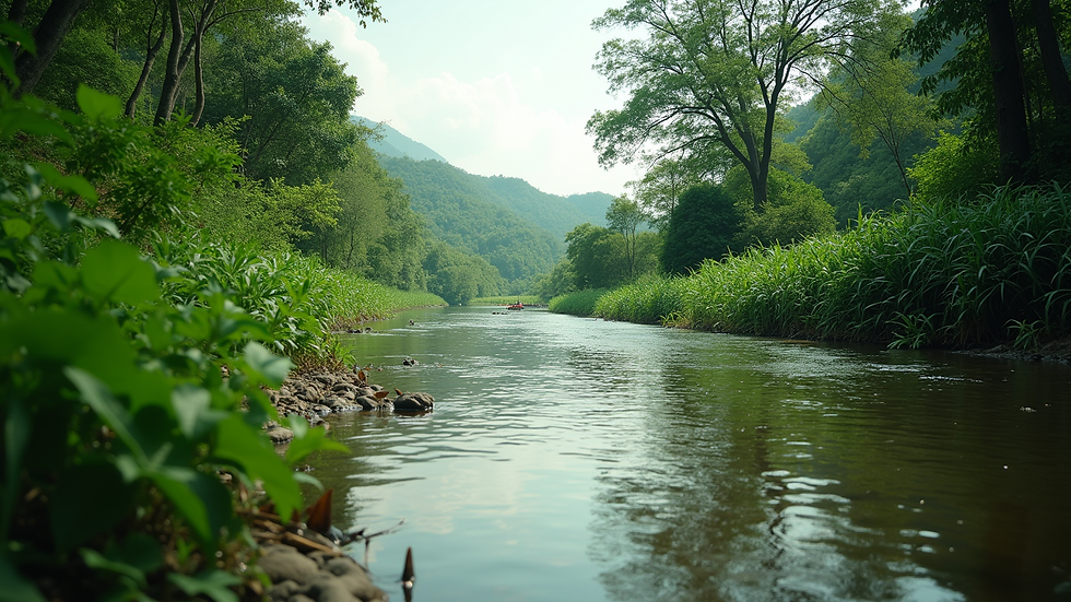 Wide angle view of a tranquil rural Thai river with lush greenery