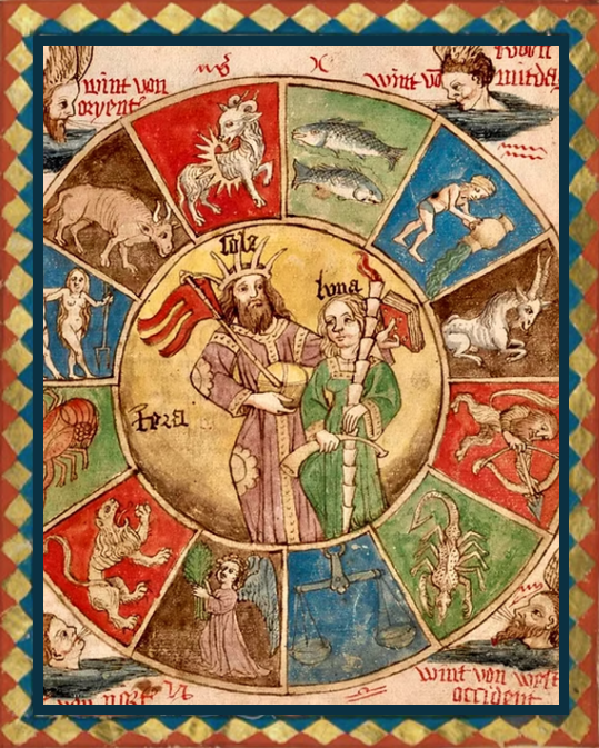 Medieval zodiac wheel with a king, queen, and zodiac signs