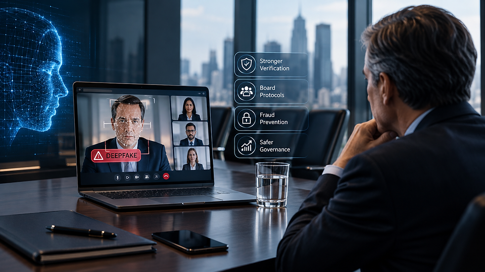 Deepfake fraud prevention in corporate governance showing an executive reviewing an AI-generated video call and digital identity verification alerts in a boardroom.