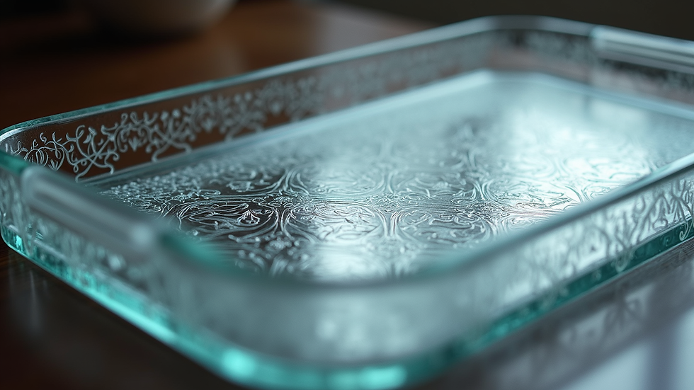 Eye-level view of a decorative etched glass tray with intricate patterns