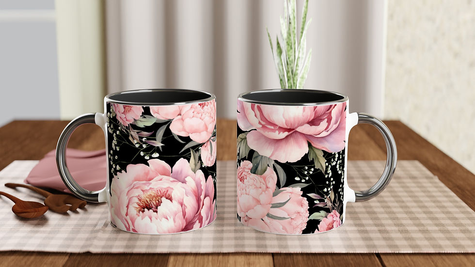 Thumbnail: Black Floral ceramic mug front & back lifestyle