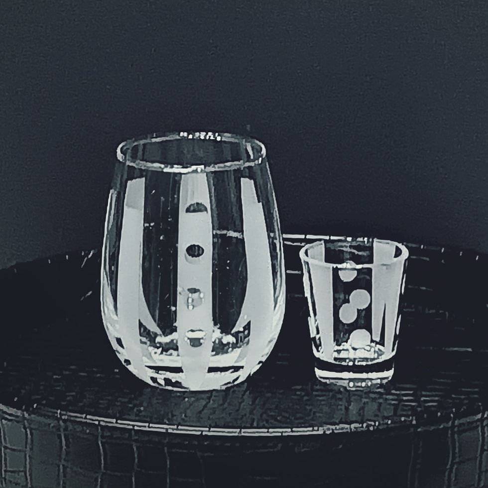 Etched Stemless Wine Glass and Shot Glass in Dots and Stripes Design