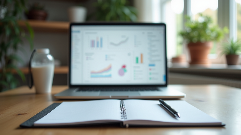 Eye-level view of a neat desk with a laptop and a notebook for organizing customer data
