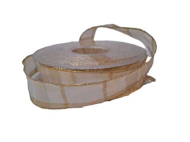 Stuha taftová 2,5 cm - krémová - zlatá káro