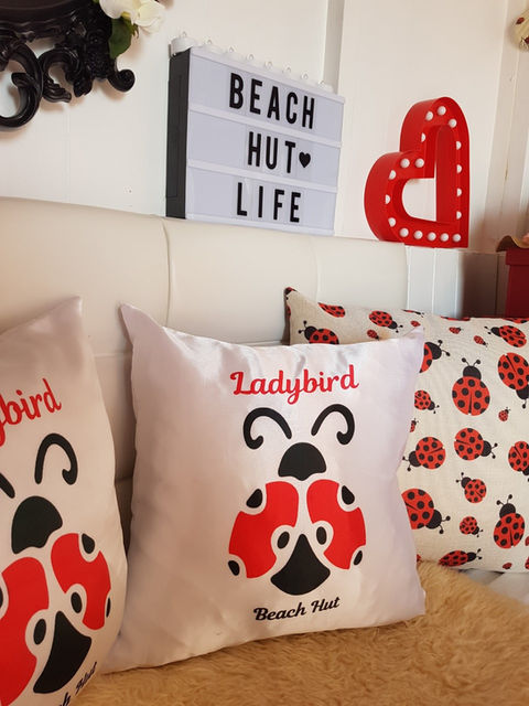Ladybird Beach Hut Cushion | Ladybird Seascapes | Essex Coast 