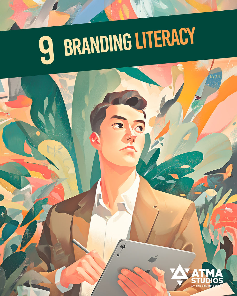 A young professional in a brown blazer holding a digital tablet and stylus, surrounded by vibrant abstract leaves, symbolizing the growth of branding literacy in the AI era.