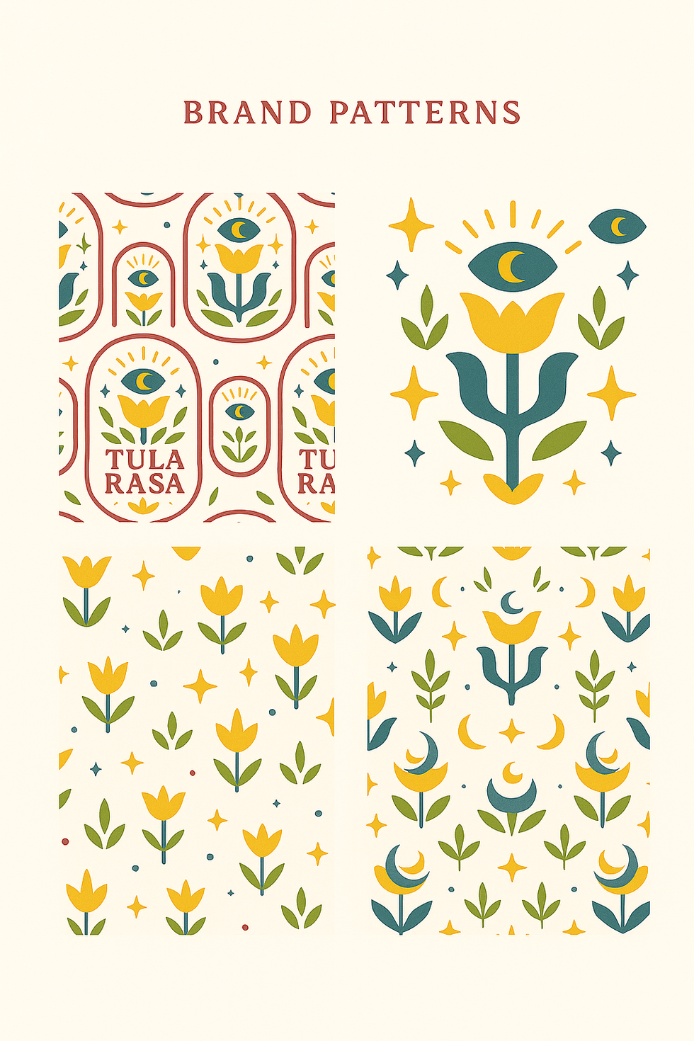 Tula Rasa pattern variations with flowers, moons, stars, and leaves in earthy tones.