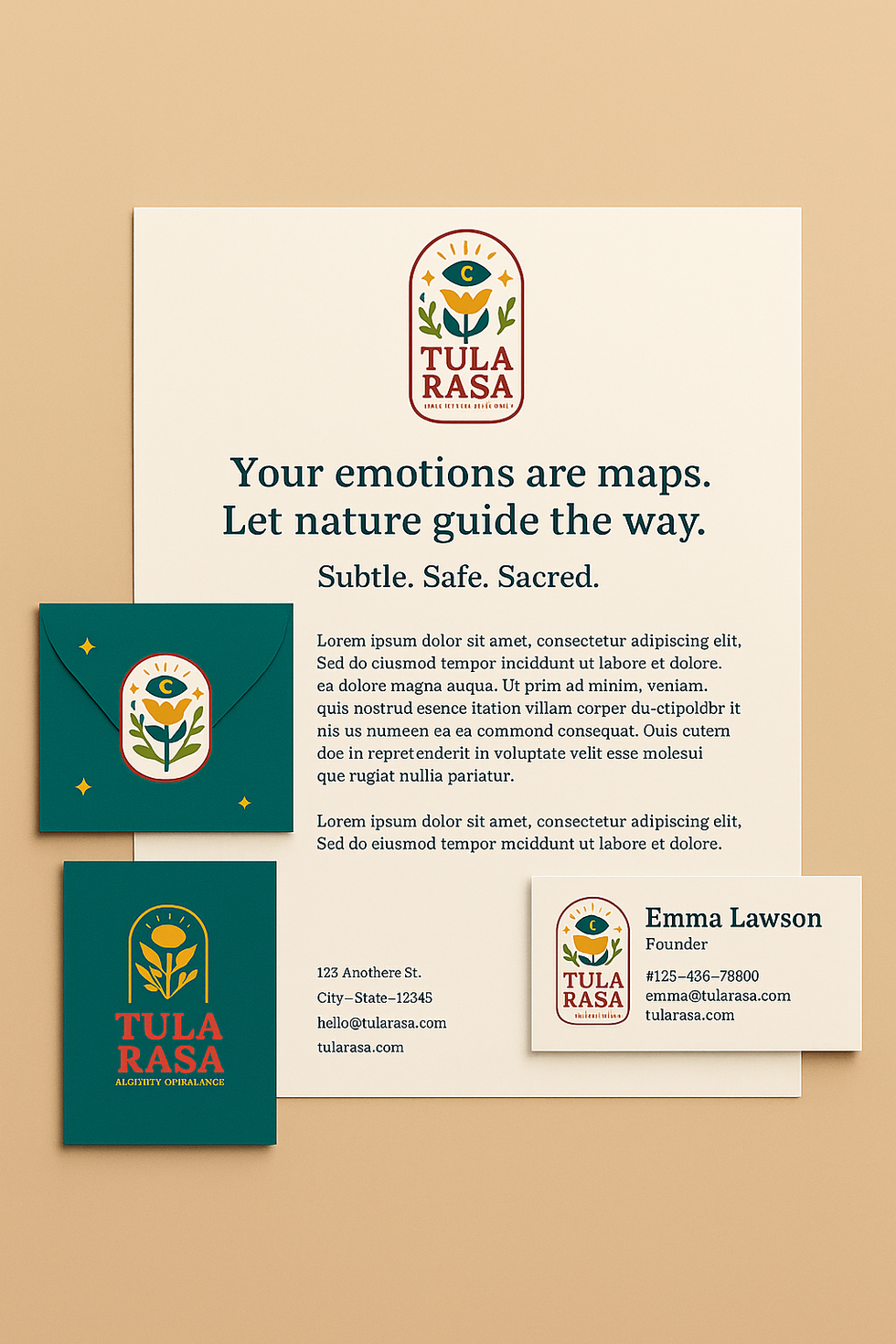 Tula Rasa letterhead, business card, and envelope with brand logo and identity design.