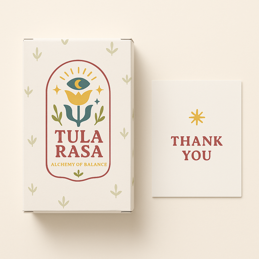 Cream box with Tula Rasa logo and botanical patterns beside thank you card.