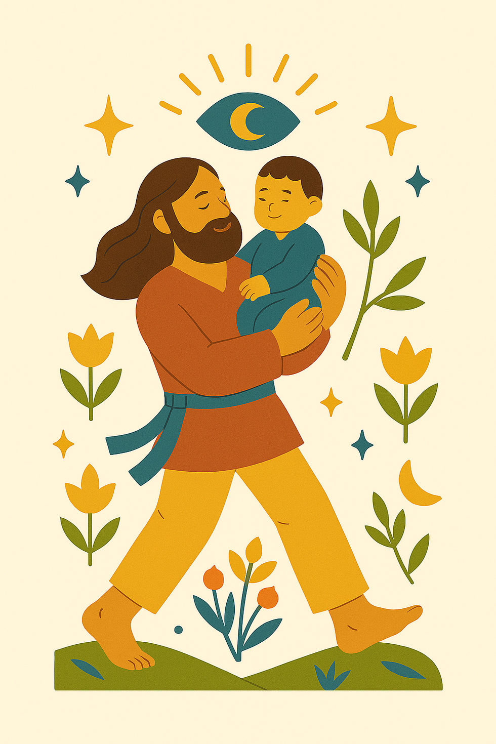 Bearded man holding child with Tula Rasa floral and celestial design elements.