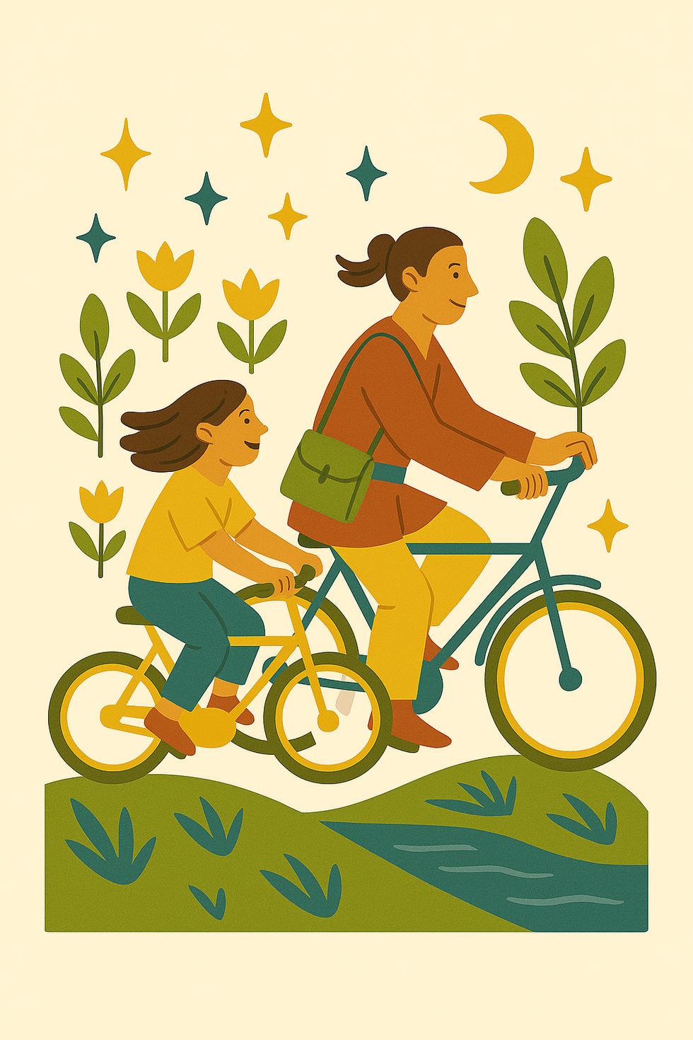 Adult and child riding bicycles with Tula Rasa floral and celestial background.