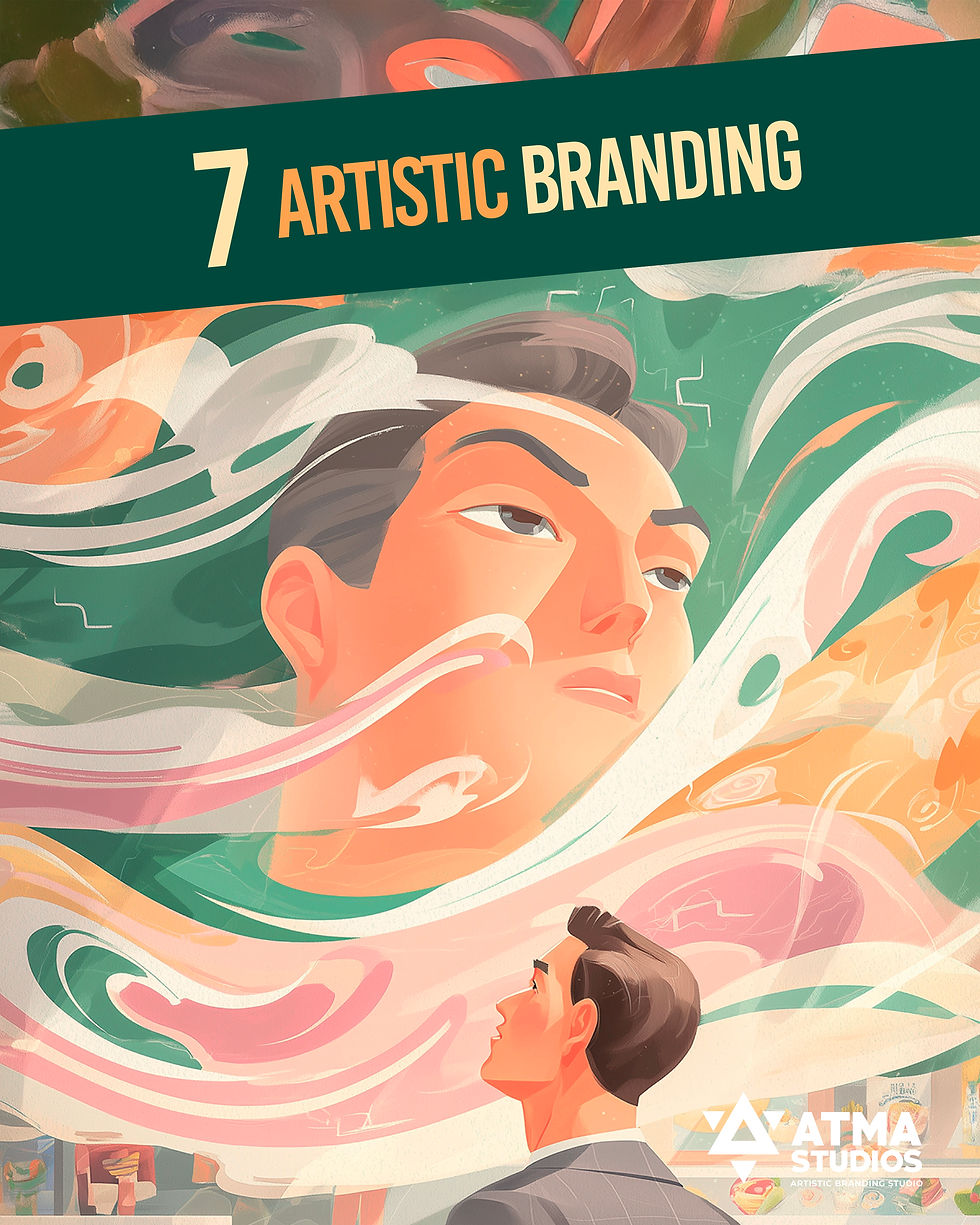 A conceptual illustration of a man admiring a large artistic face surrounded by colorful swirls, symbolizing the limitless creative potential of artistic branding.