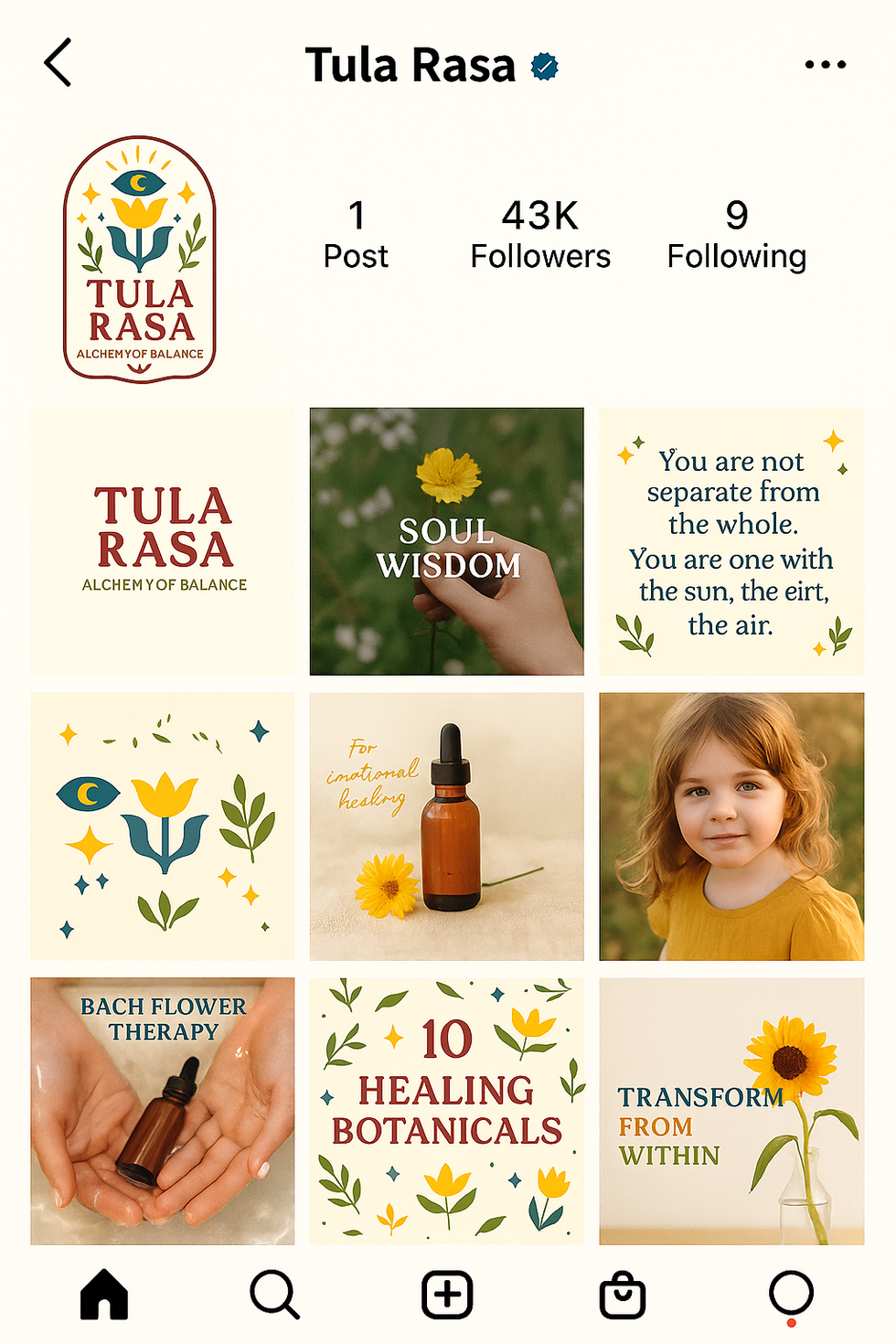 Tula Rasa Instagram profile mockup with grid of quotes, products, and botanical images.