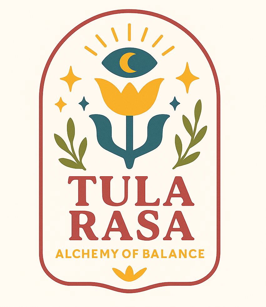 Tula Rasa logo with flower, crescent moon, eye, leaves, and stars in earthy brand colors.