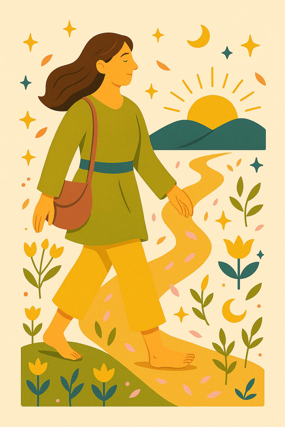 Person walking toward sunrise on path with flowers, moons, stars, and leaves.