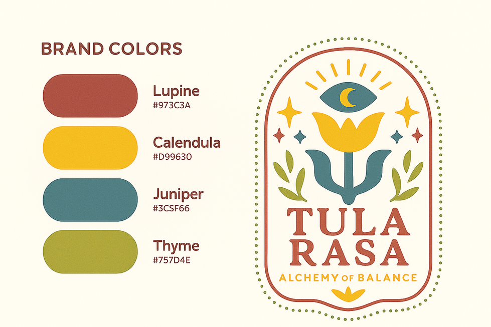 Tula Rasa brand colors: Lupine, Calendula, Juniper, and Thyme with sample logo design.