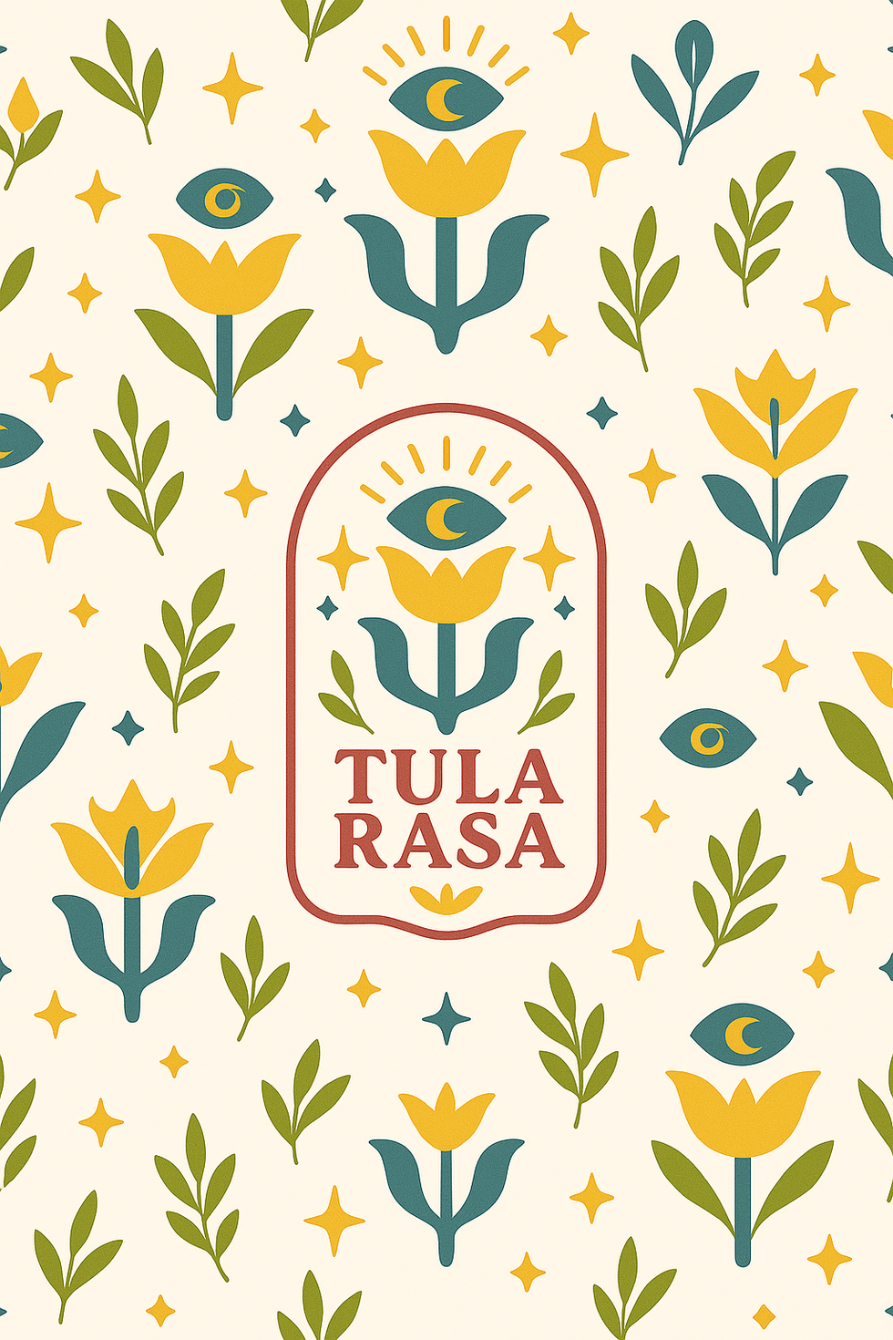 Seamless floral, leaf, moon, and star pattern in Tula Rasa brand color palette.