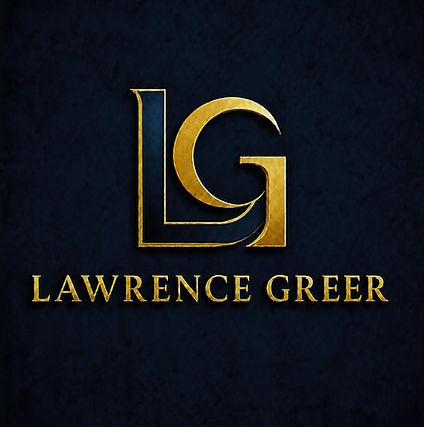 Lawrence Greer personal brand logo with gold LG monogram on dark navy background.
