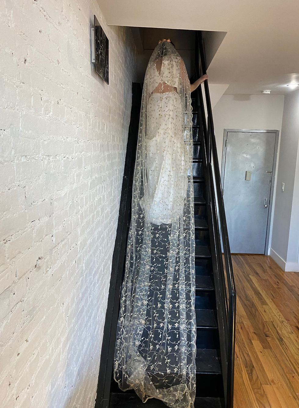 Thumbnail: Cathedral Length Green and Light Peach Floral Veil