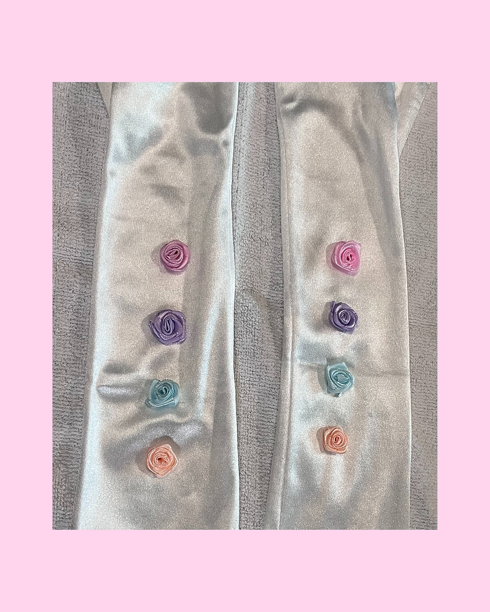 Thumbnail: Rainbow Sherbet Rosette Stretch Satin Bridal Gloves, by Camelia Bridal