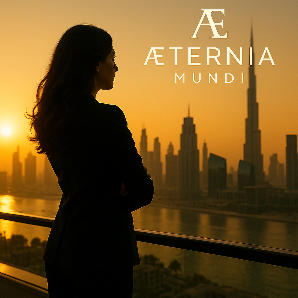 Silhouette d’une femme élitaire – skyline de Dubaï et Genève, vision élitaire globale