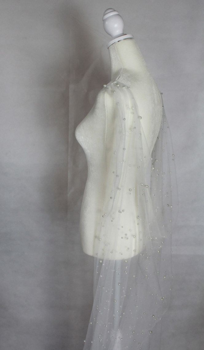 Thumbnail: Pearl Tulle Wedding Cape Veil, by Rose Red Bridal Designs