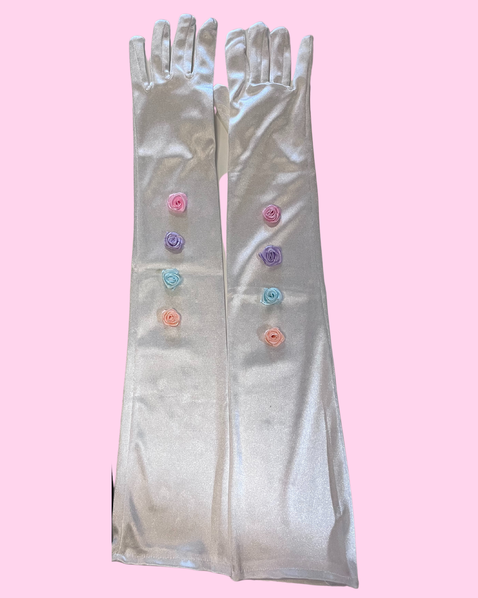 Rainbow Sherbet Rosette Stretch Satin Bridal Gloves, by Camelia Bridal