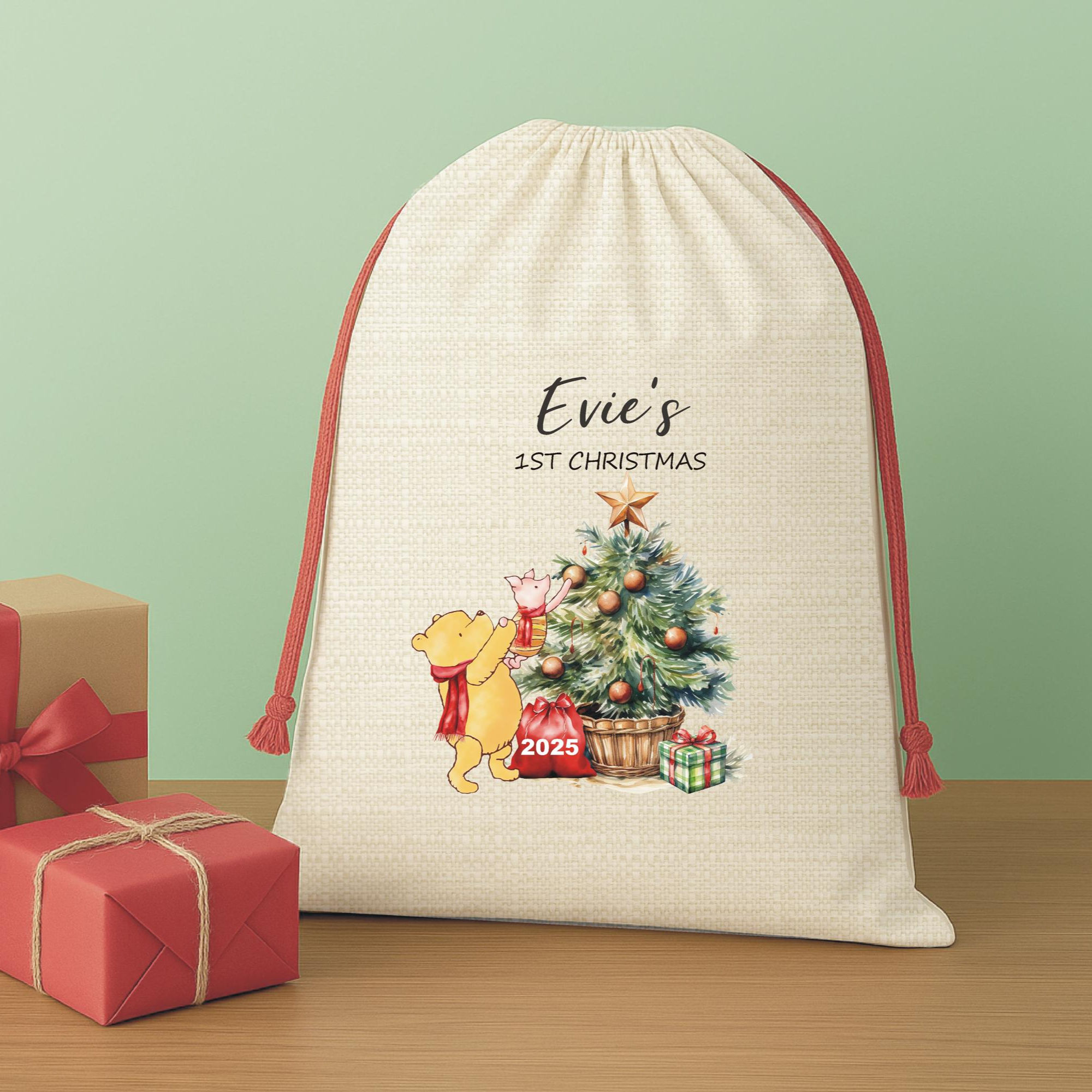 Personalised Winnie the Pooh & Piglet Decorating The Christmas Tree Santa Sack