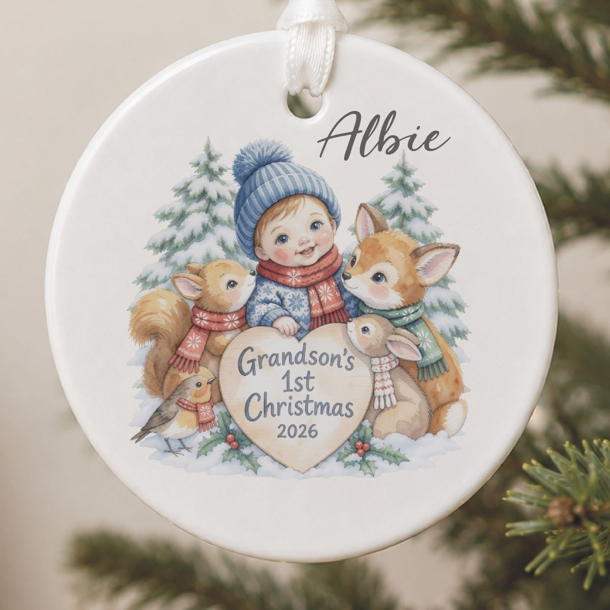 Grandson's First Christmas Woodland Animals Round Ceramic Tree Decoration