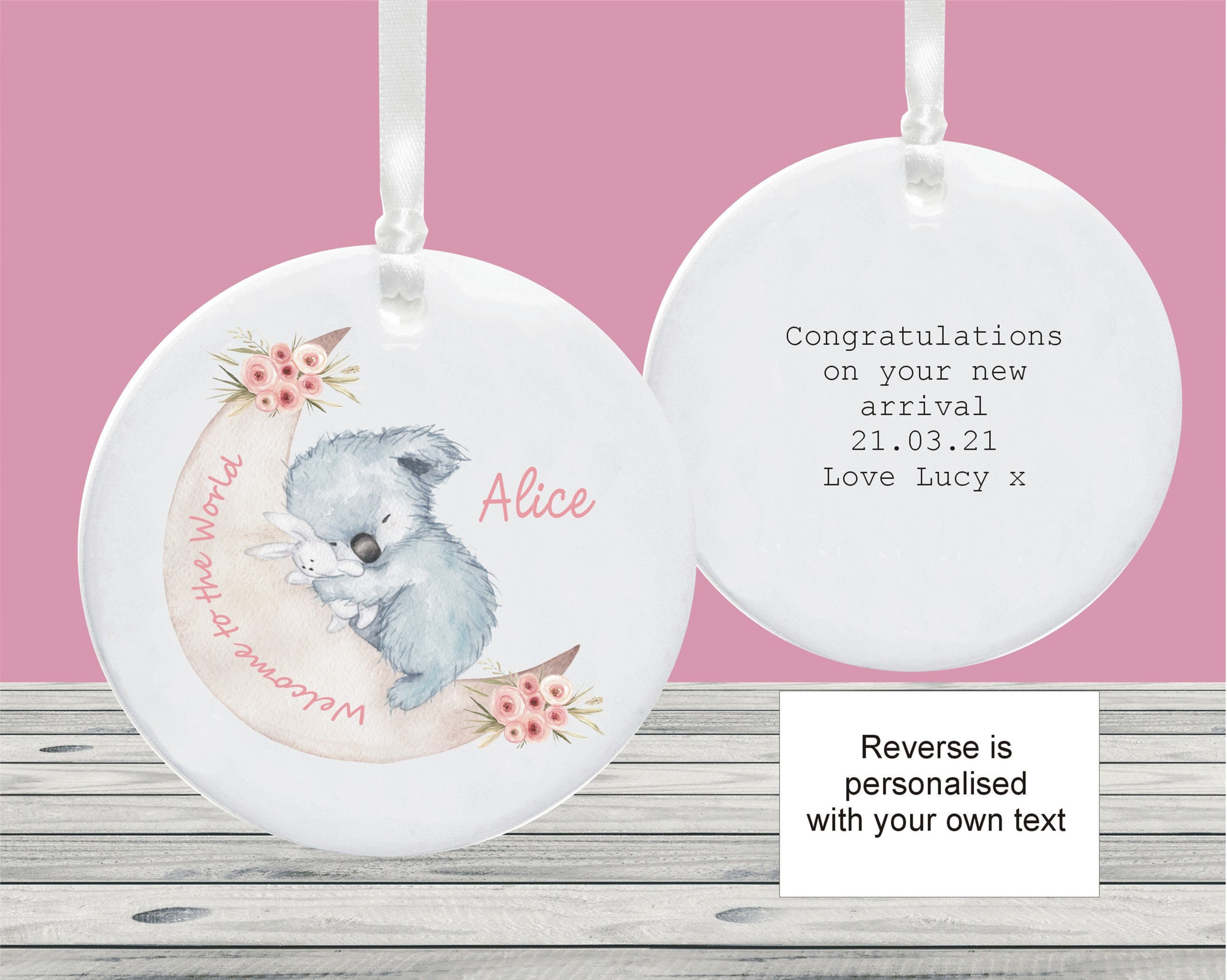 Personalised New Baby Girl Ceramic Koala Round Decoration Keepsake Gift