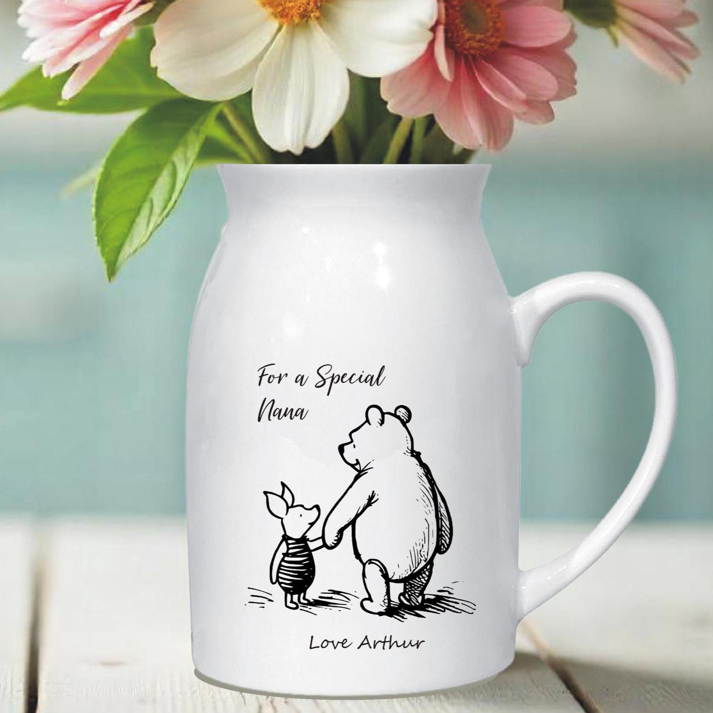 Winnie the Pooh jug vase gift for grandma's birthday personalised with grandchildren's names