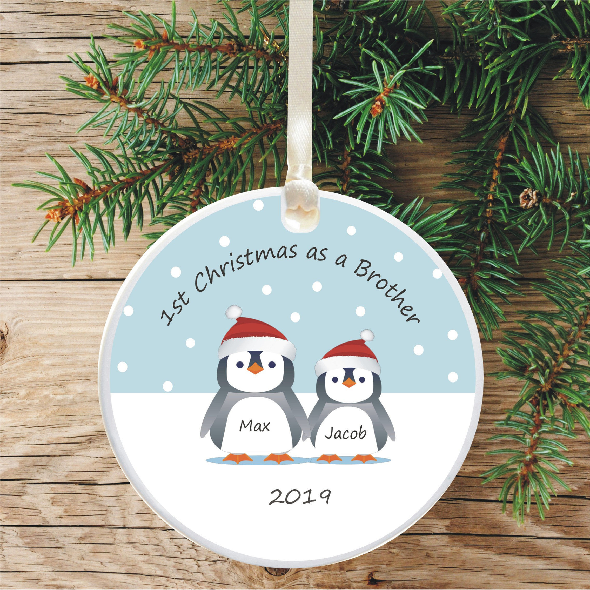 1st Christmas As A Brother Personalised Penguin Christmas Bauble Tree Decoration