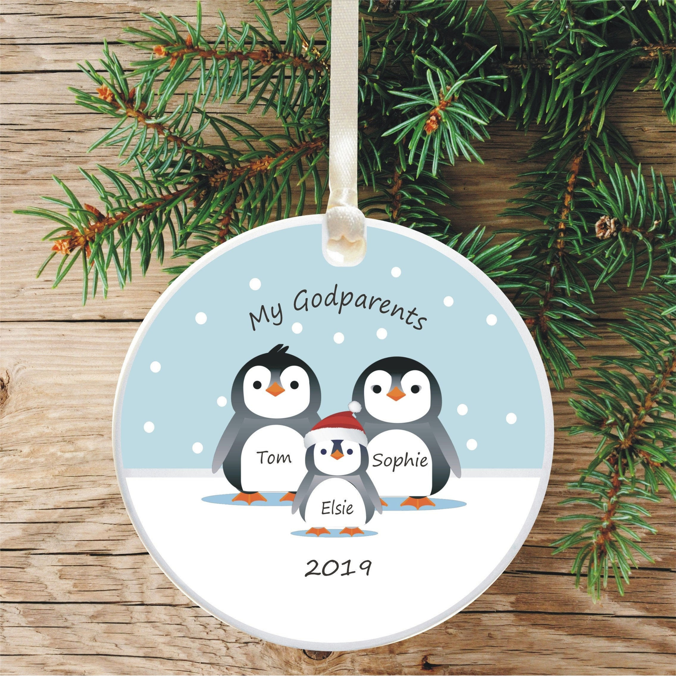 Godparents Personalised Penguin Christmas Bauble Tree Decoration