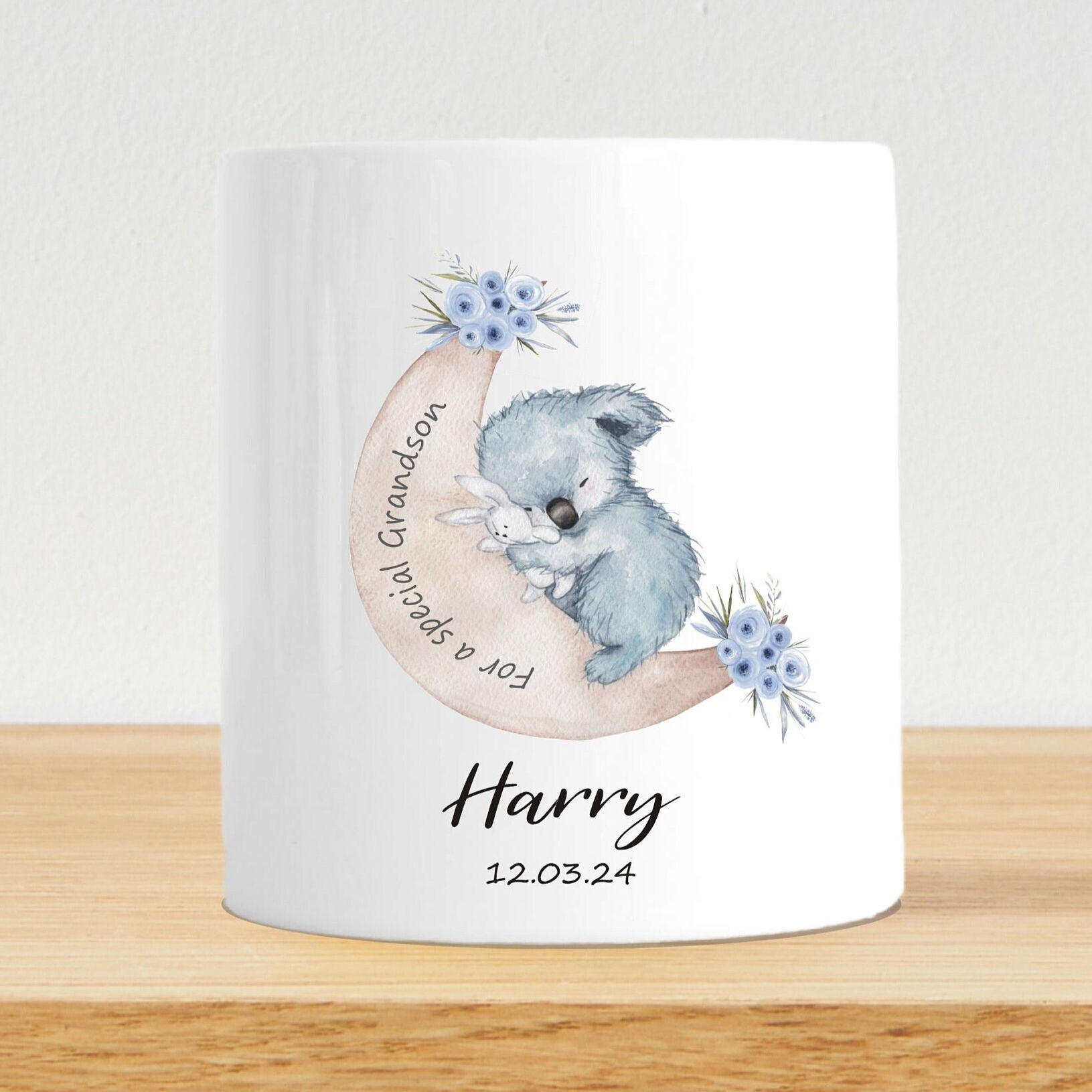 Personalised Koala New Baby Grandson Money Box Gift