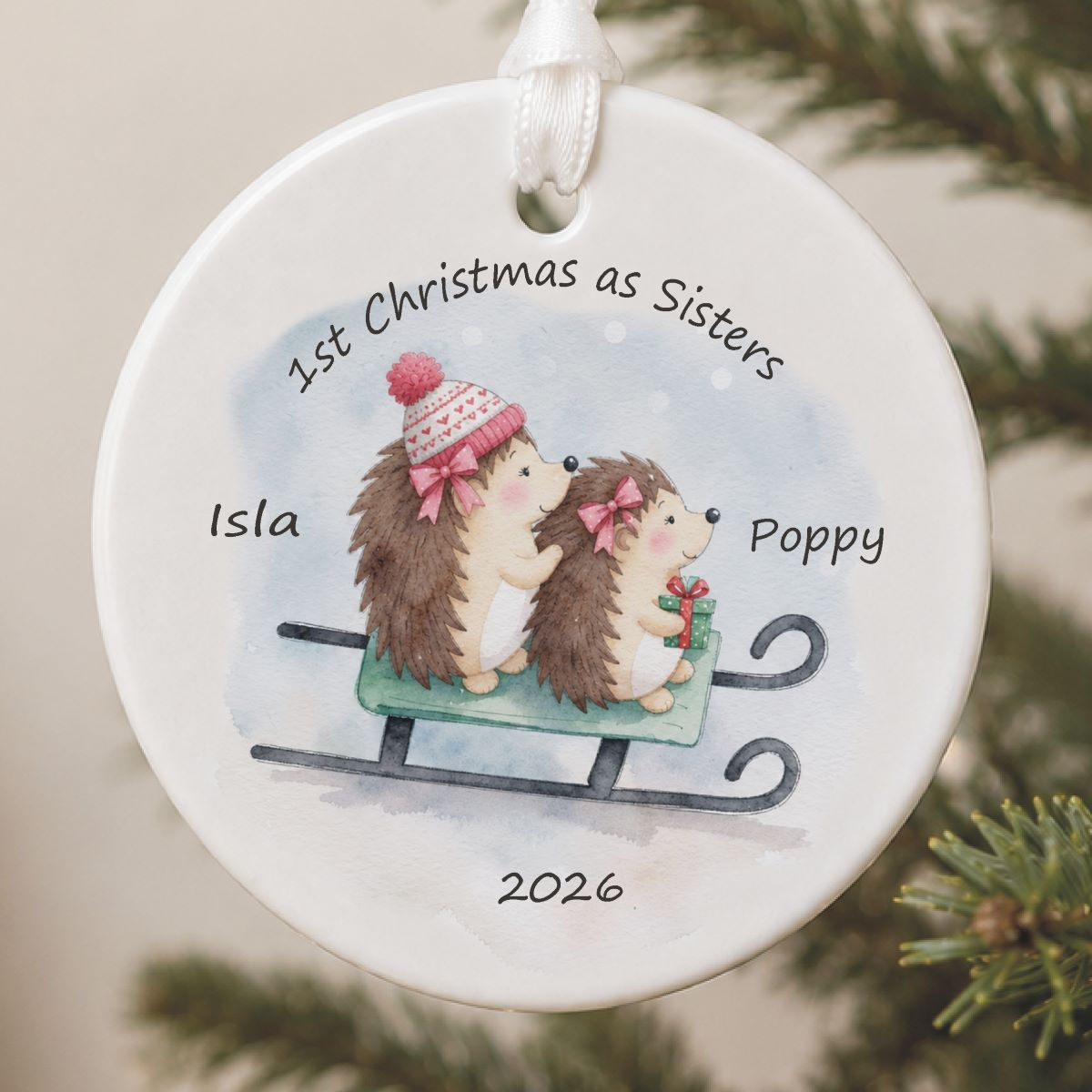 1st Christmas As Sisters Ceramic Hedgehog & Sledge Ceramic Tree Decoration