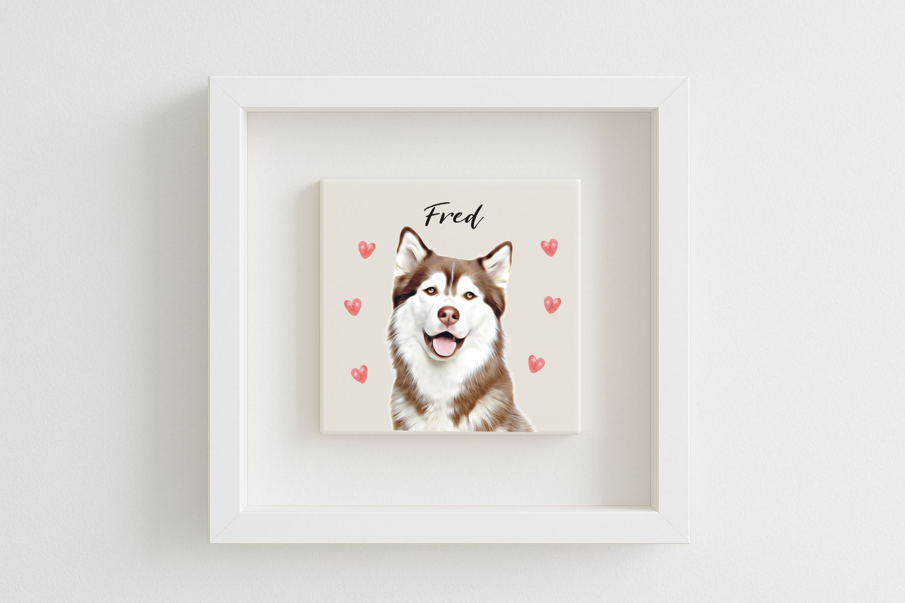 Personalised framed dog portrait printed on ceramic tile with dog's name