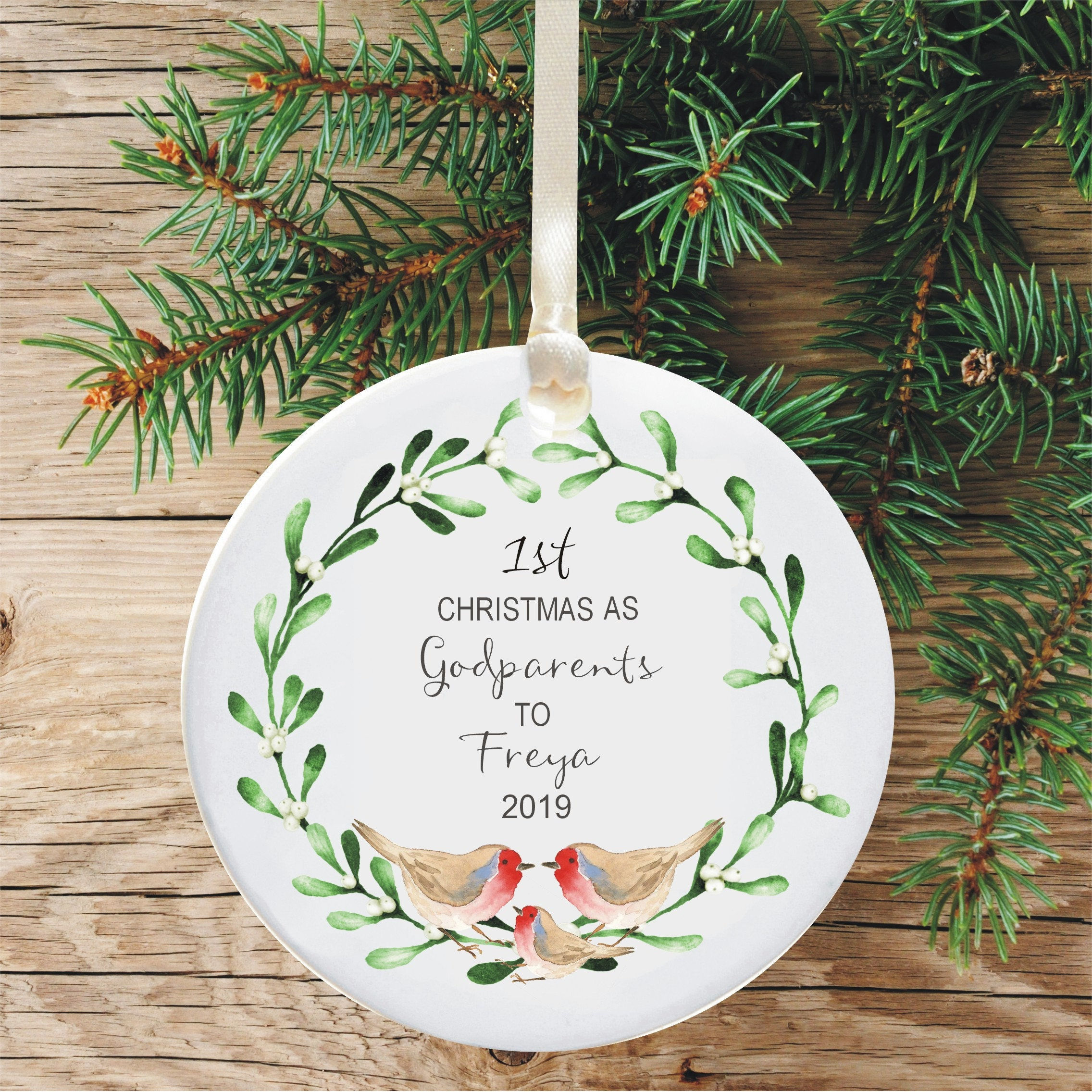 1st Christmas as an Godparents Robins and Mistletoe Ceramic Tree Decoration