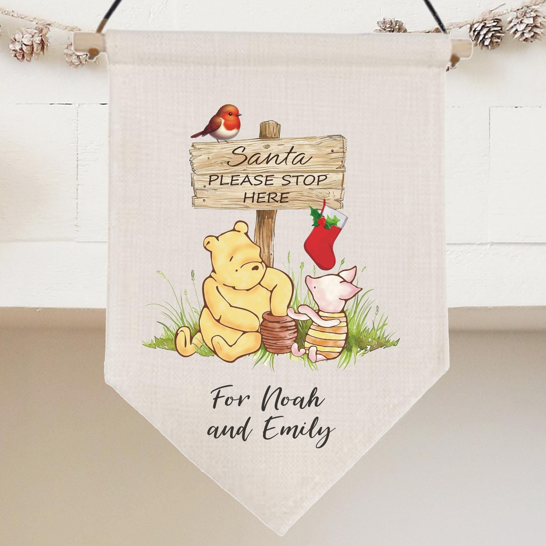 Personalised Santa Stop Here Winnie The Pooh & Piglet Signpost Christmas Pennant