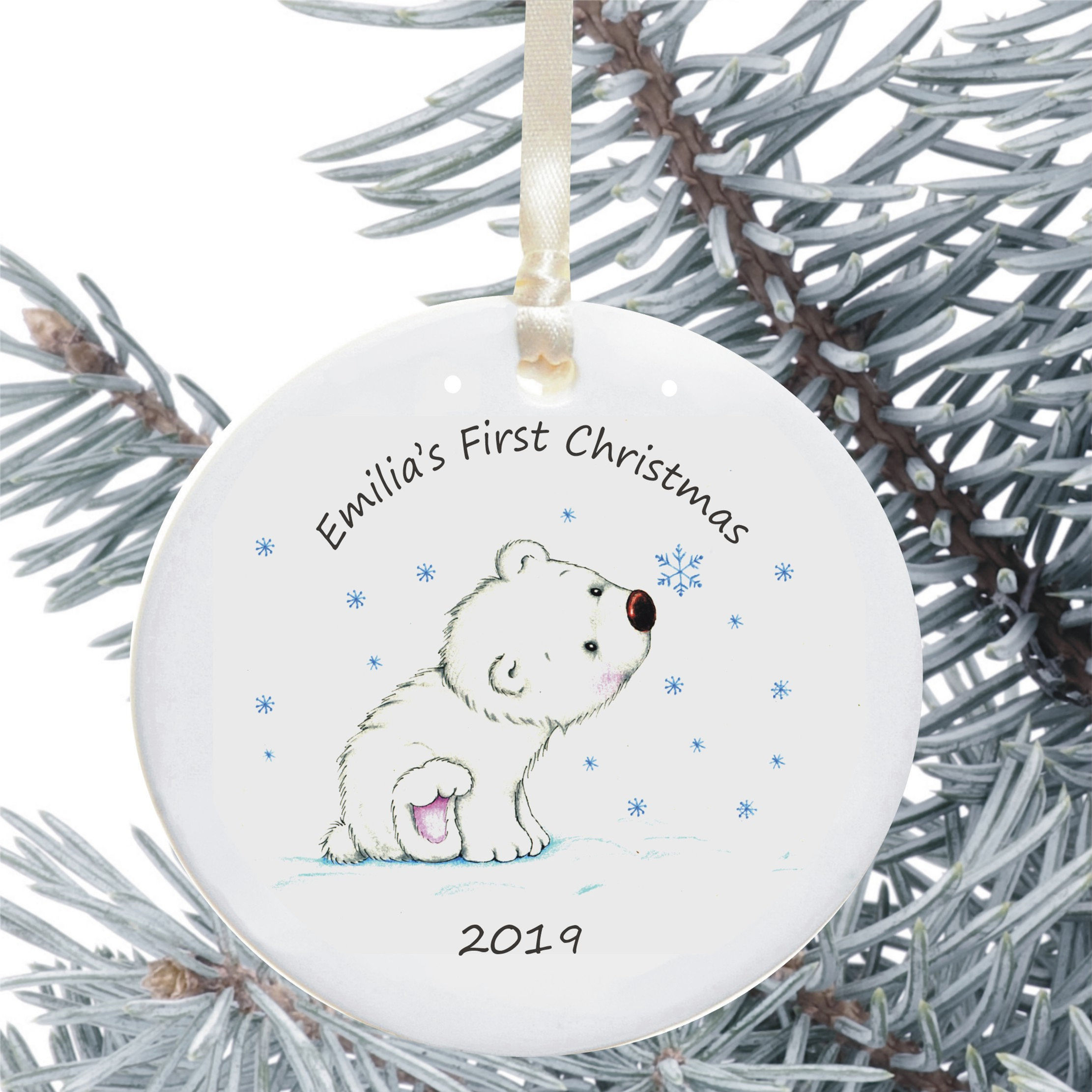 Personalised Baby's First Christmas Polar Bear & Snowflakes Tree Decoration