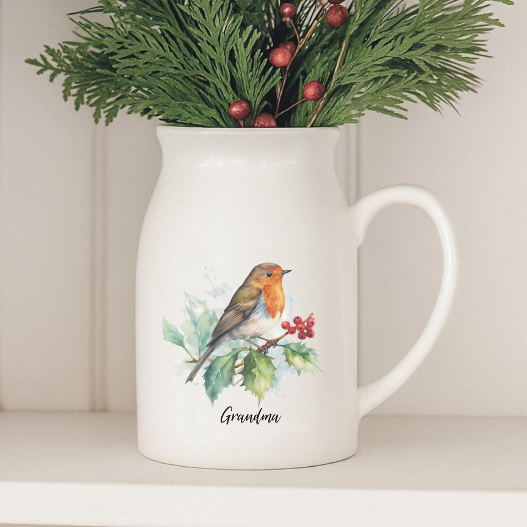 Robin Perched On Holly Branch In Loving Memory Christmas Remembrance Jug Vase