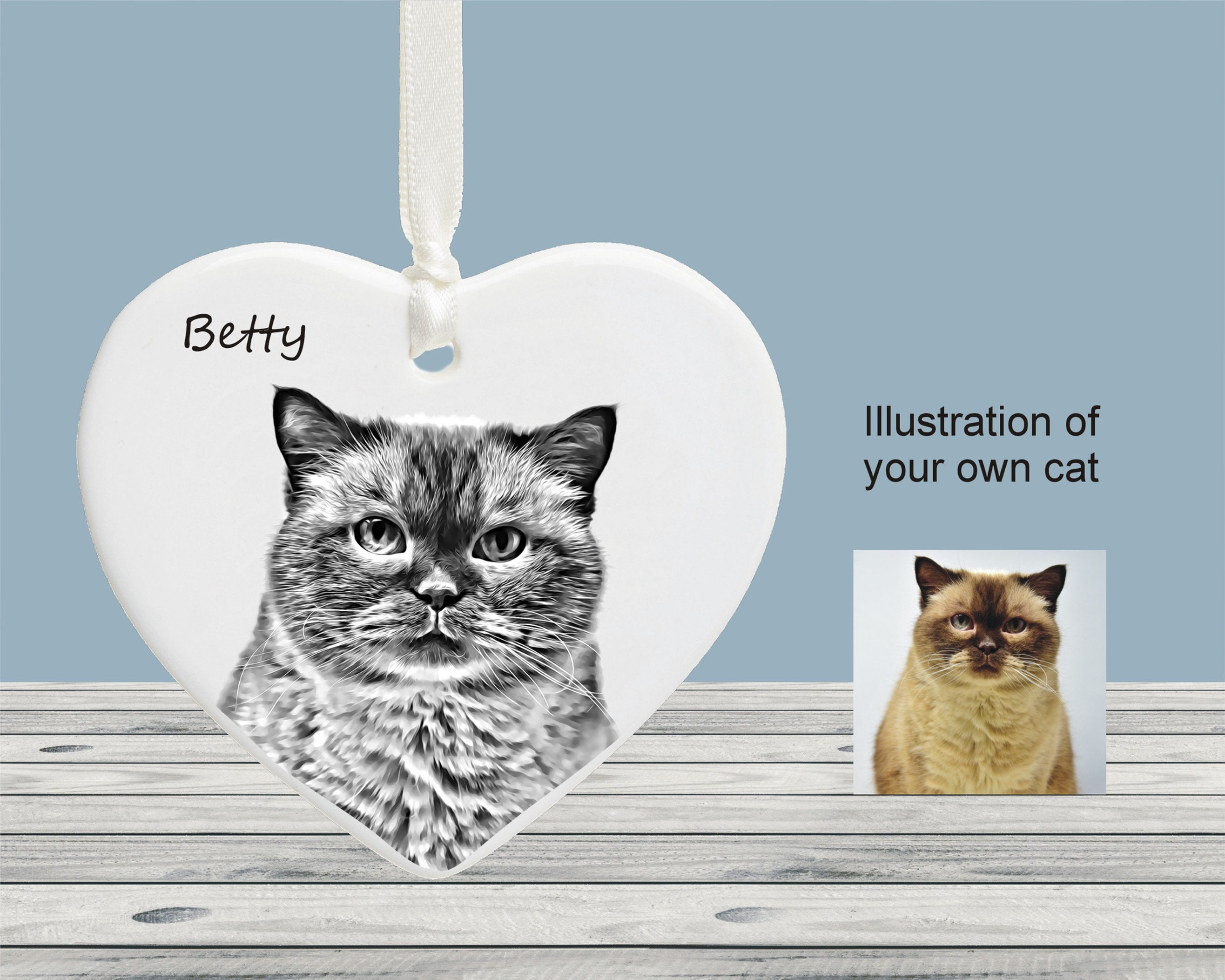 Personalised Memorial Cat Illustration Ceramic Heart Decoration Keepsake
