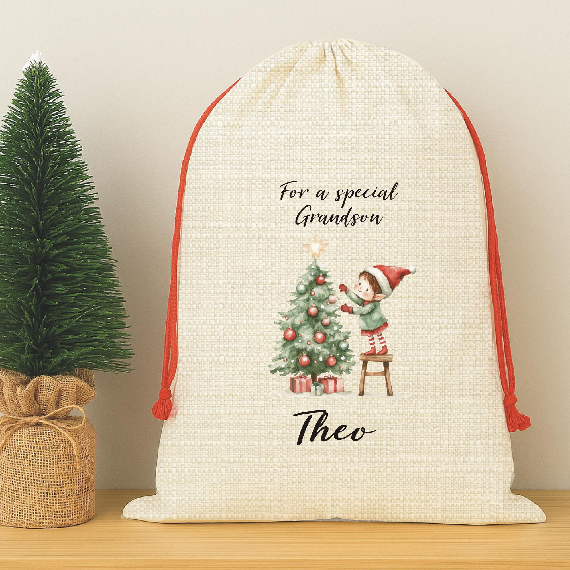 Festive Elf Decorating The Christmas Tree Personalised Grandson Santa Sack