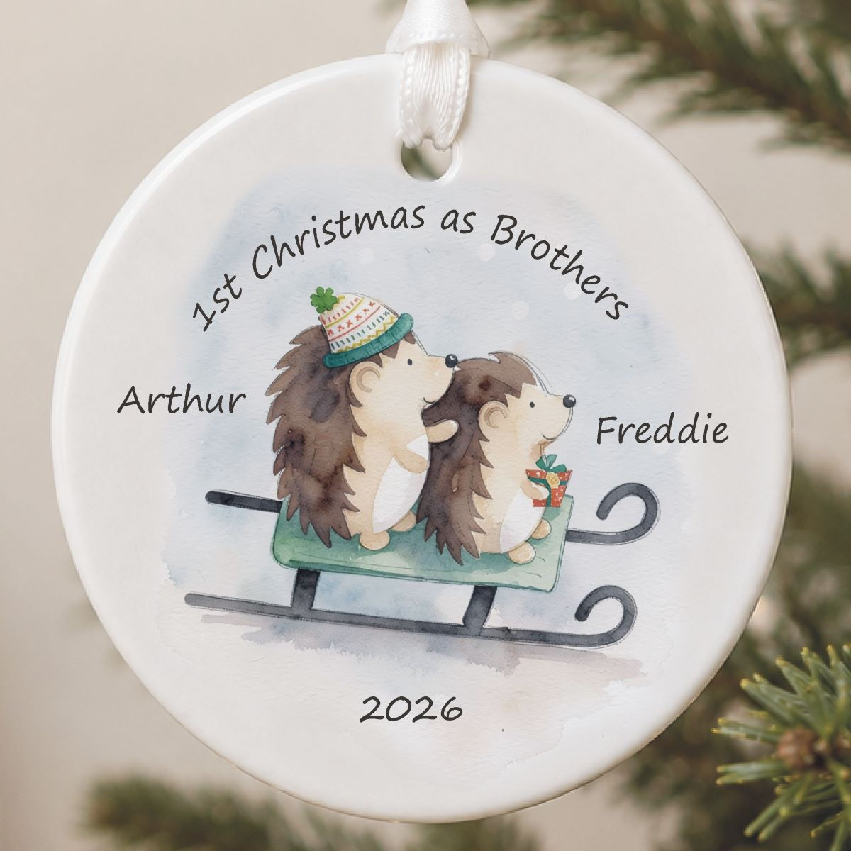 1st Christmas As Brothers Ceramic Hedgehog & Sledge Ceramic Tree Decoration