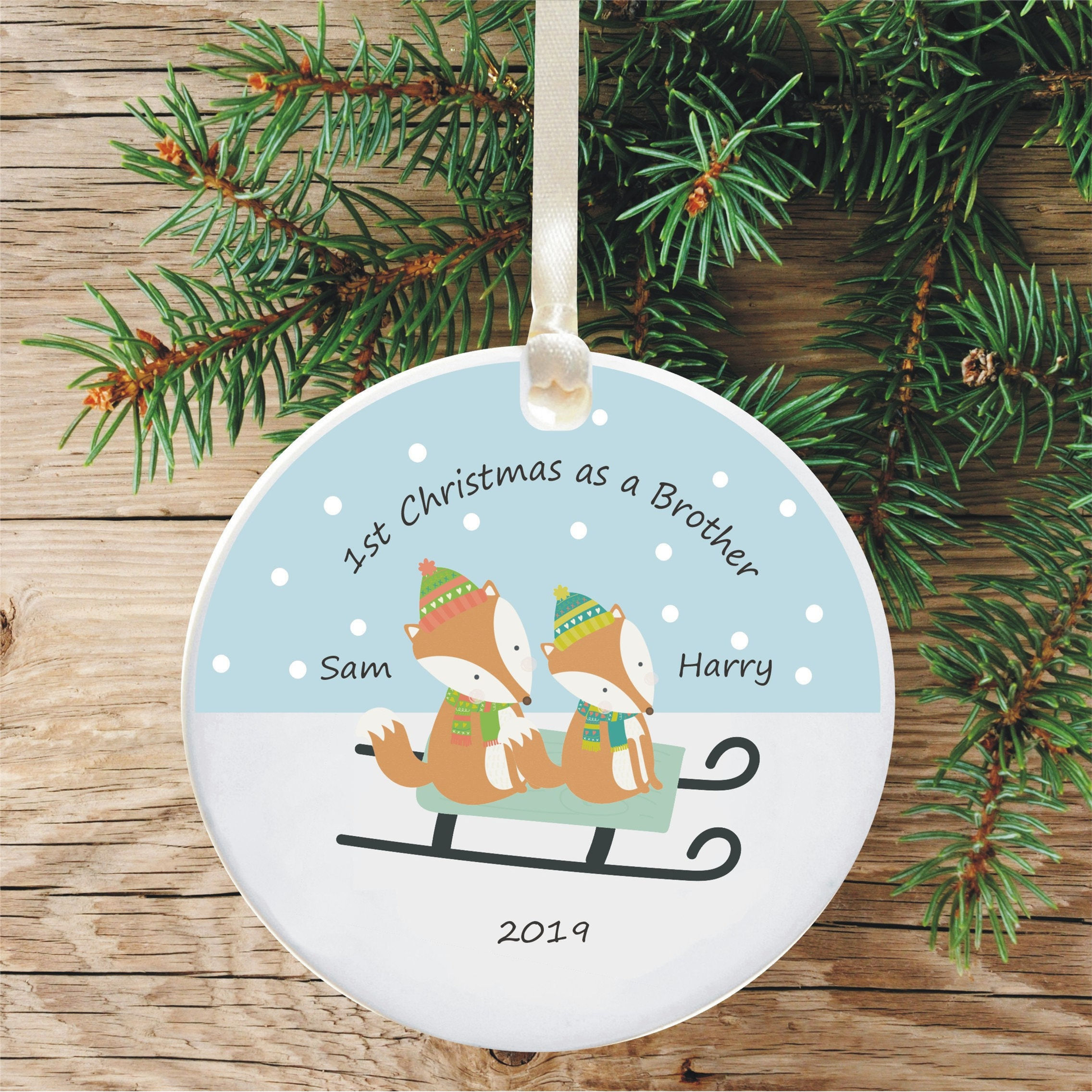 1st Christmas as a Brother Ceramic Xmas Tree Decoration - Fox & Sledge Design