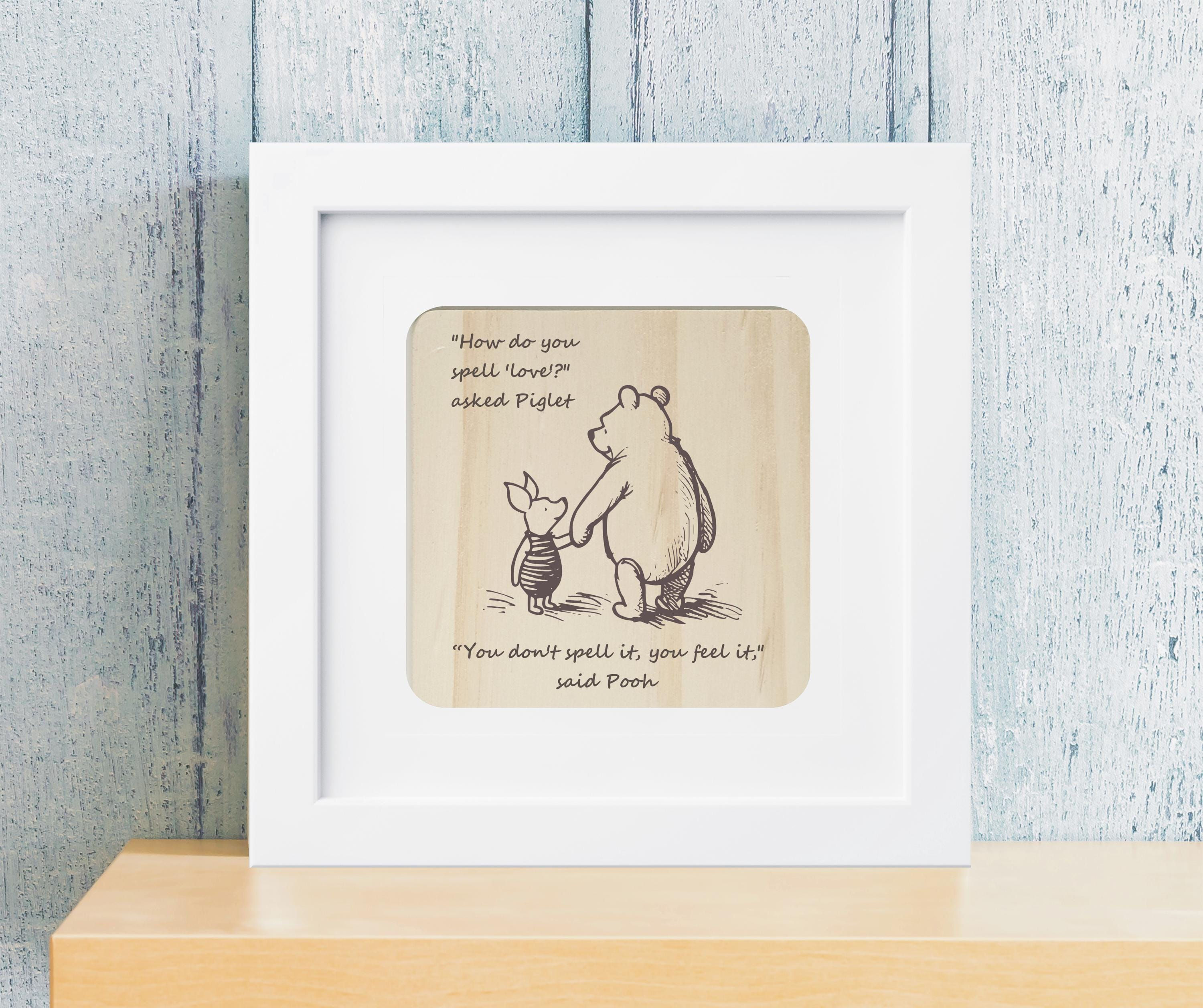 Winnie The Pooh & PIglet 'How Do You Spell Love?' Framed Engraved Wood Art Gift