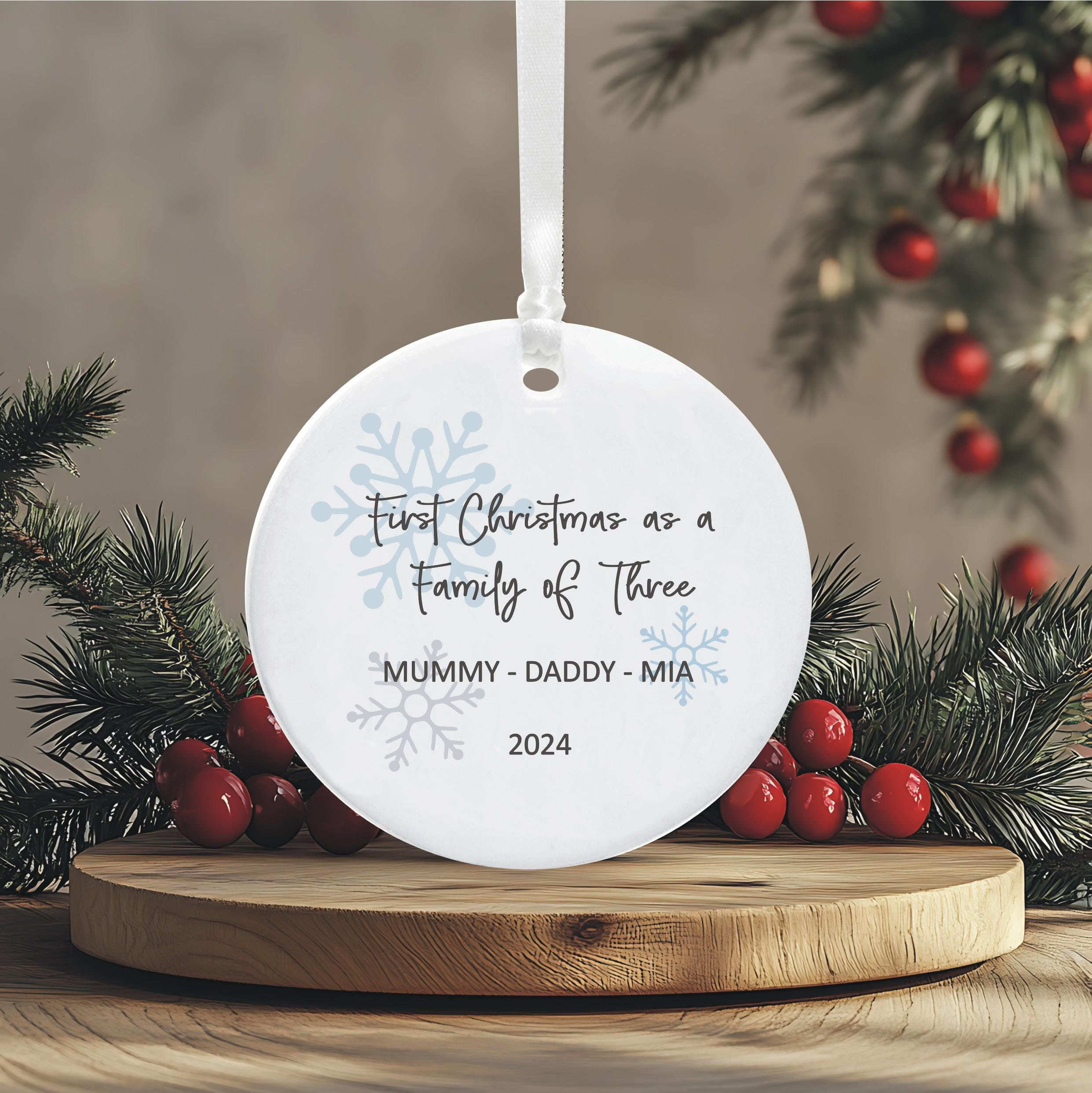 Personalised 1st Christmas As A Family Of 3 Ceramic Snowflakes Tree Decoration