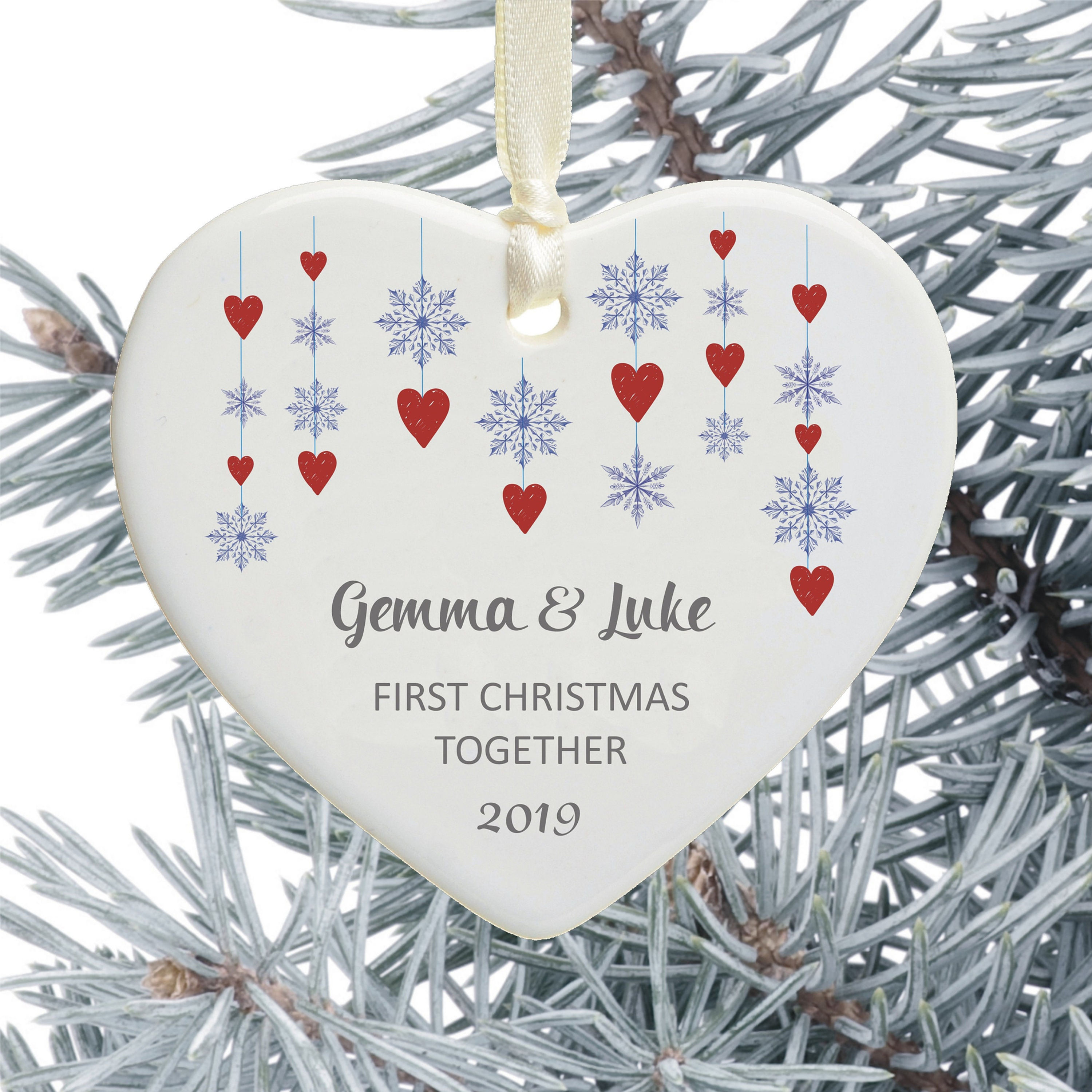 1st Christmas Together Ceramic Xmas Tree Decoration - Snowflake and Heart Design