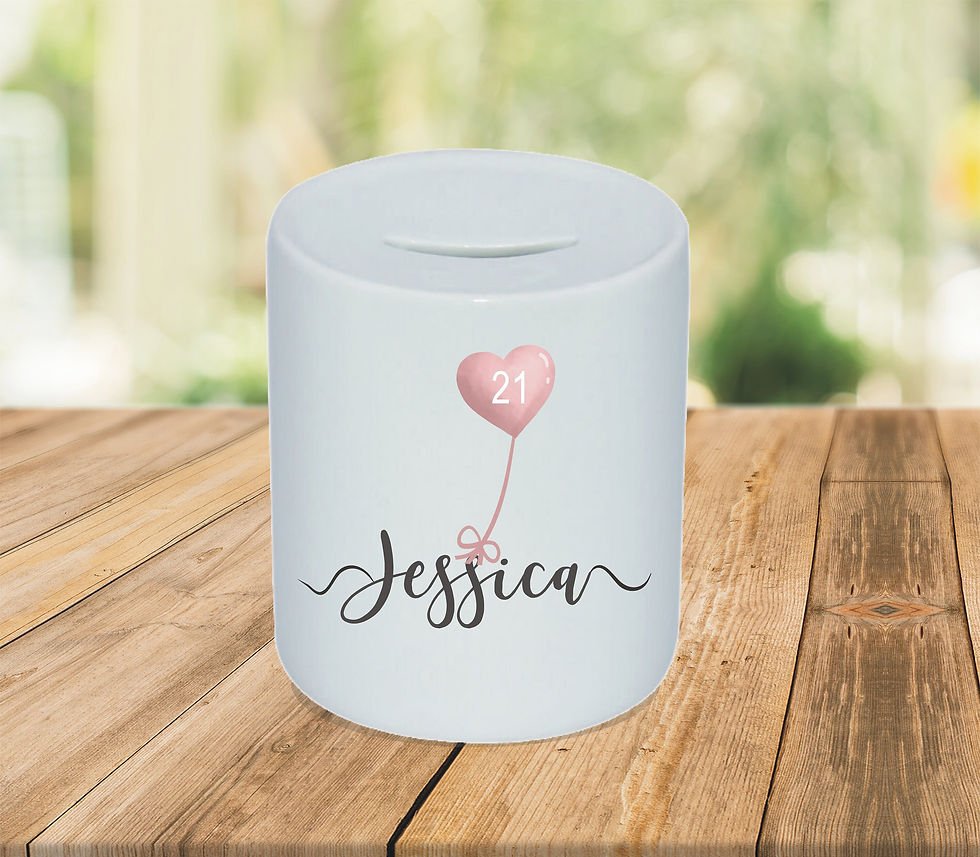 Thumbnail: Personalised 21st Birthday Pink Balloon Ceramic Money Box Gift